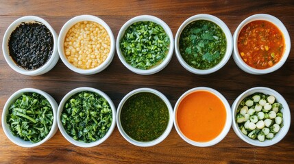 Assorted vegetable dishes in bowls arranged on a wooden countertop showcasing vibrant colors and textures for a healthy food presentation.