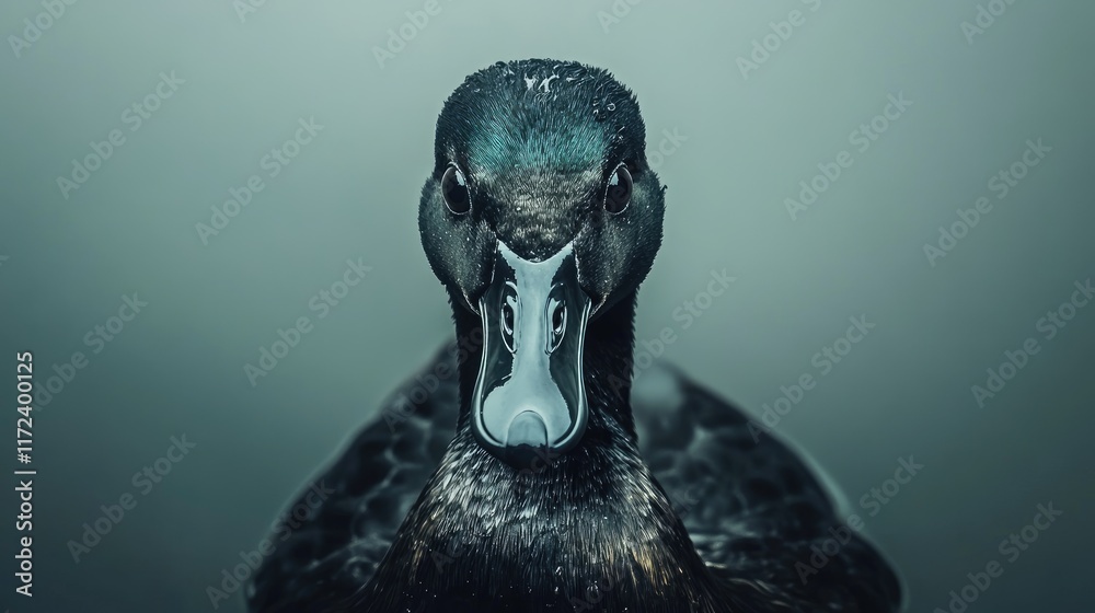 Poster close-up portrait of a pacific black duck showcasing intricate feather details against a soft blurre
