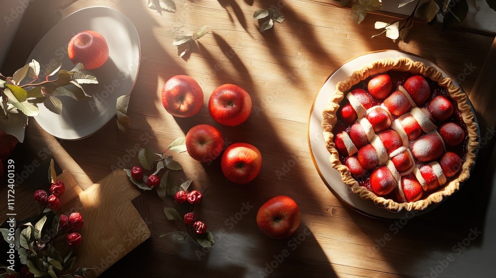 Poster overhead view of fresh red apples and homemade apple pie on wooden countertop with natural lighting 