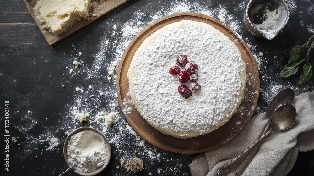 Poster overhead view of a decorated dessert with powdered sugar and fresh berries on a wooden table backgro