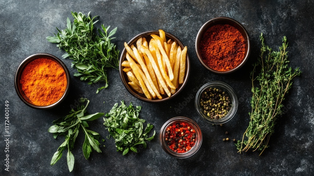Poster overhead view of seasoned fries with fresh herbs and spices on a textured dark background