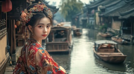 Obraz premium A beautiful woman wearing a colorful garment stands near a tranquil waterway. The scenic view includes traditional houses and boats. Nature and culture intertwine elegantly. Generative AI