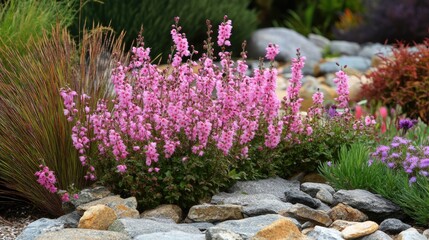 Fototapeta premium Vibrant pink dorotheanthus flowers thriving in a beautifully landscaped garden among stones and greenery