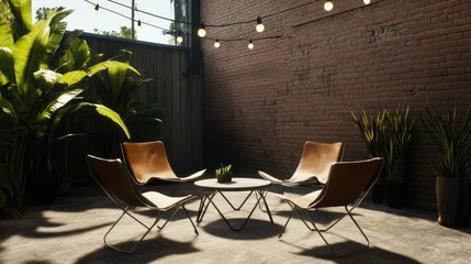 Cozy outdoor seating area with plants and string lights.