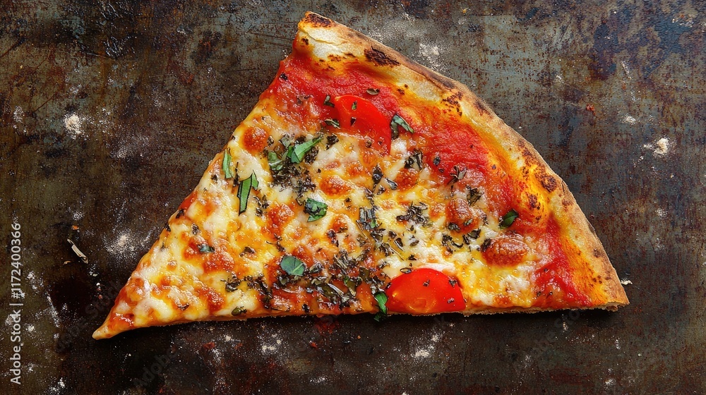 Poster overhead view of a delicious slice of traditional pizza garnished with fresh herbs and vegetables on