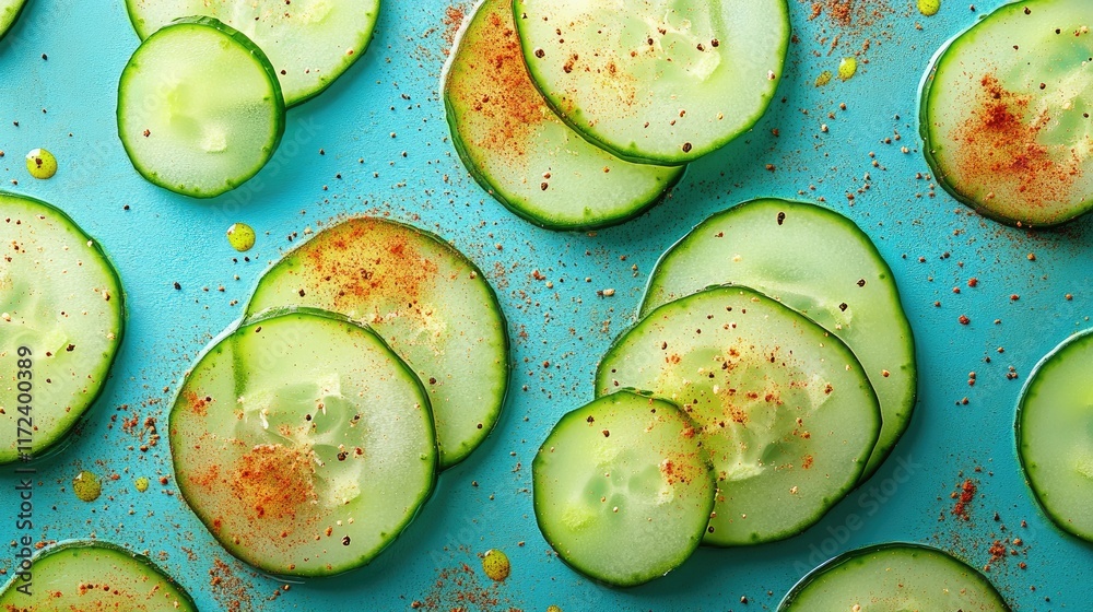 Poster sliced cucumbers arranged on a vibrant blue background with sprinkled spices creating a fresh and ap