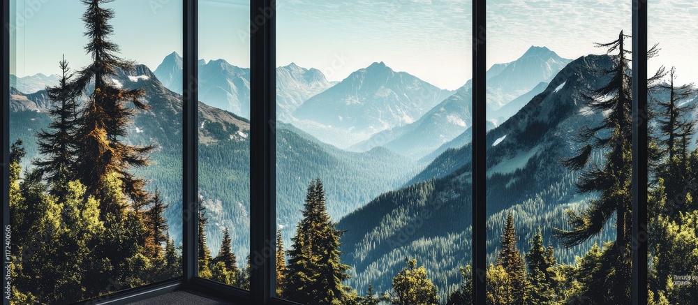 Poster panoramic hotel window view of majestic mountains and lush fir trees creating a serene and tranquil 