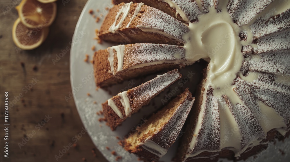 Aufkleber Overhead view of beautifully sliced pound cake topped with creamy icing and dusted with powdered sugar on a rustic wooden table