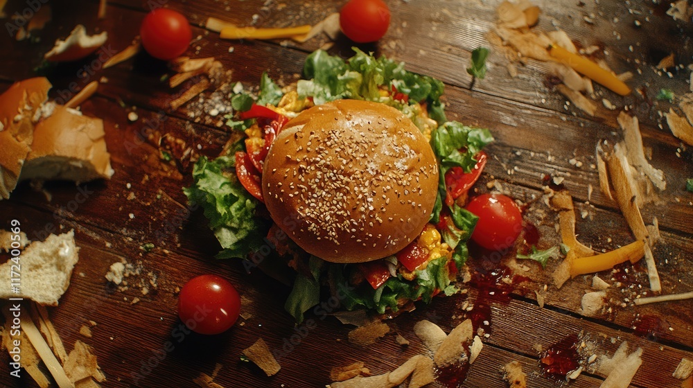 Poster delicious burger topped with fresh salad and tomatoes on a rustic wooden table surrounded by snack r