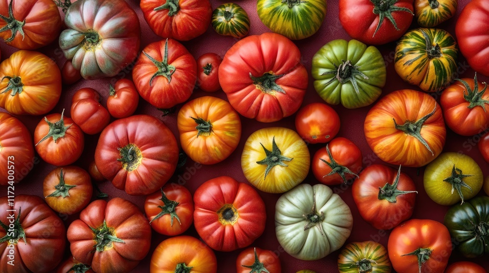 Poster Assorted fresh heirloom tomatoes in various colors and sizes arranged on a rustic wooden table showcasing their natural beauty.