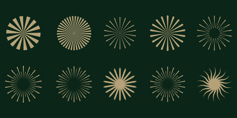Set of round sunburst, line editable sun frame. Radial circle lines. Firework black explosion. Design elements
