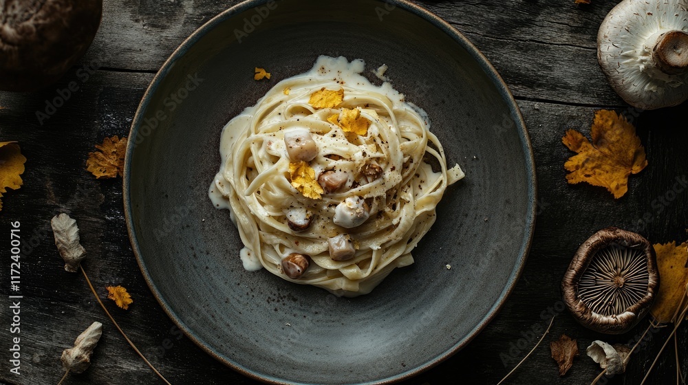 Aufkleber rustic overhead view of fettuccine pasta with creamy mushroom sauce garnished with herbs and autumn 