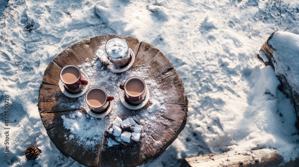 Aufkleber overhead view of mugs of hot chocolate on rustic wooden table surrounded by snow in winter wonderlan