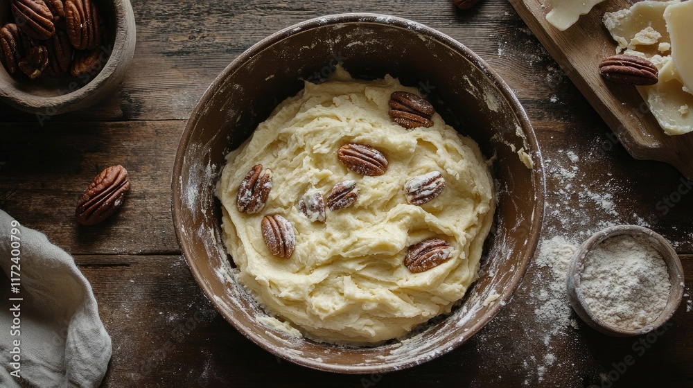 Poster overhead view of creamy pecan pie filling in wooden bowl with flour and nuts on rustic kitchen table