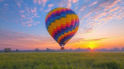 Fototapeta premium Colorful hot air balloon sunrise flight over field.