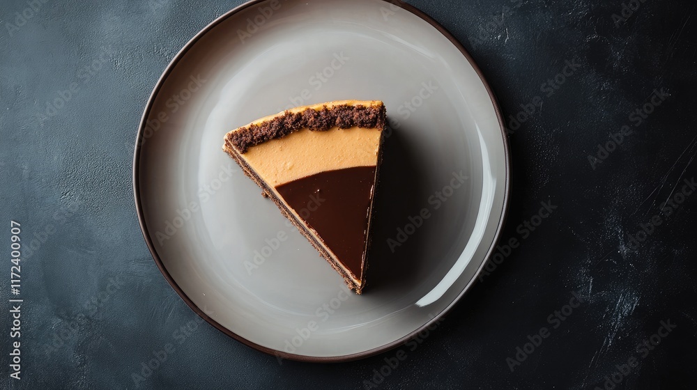 Poster overhead view of a delicious layered chocolate and caramel cake slice on a minimalist plate against 
