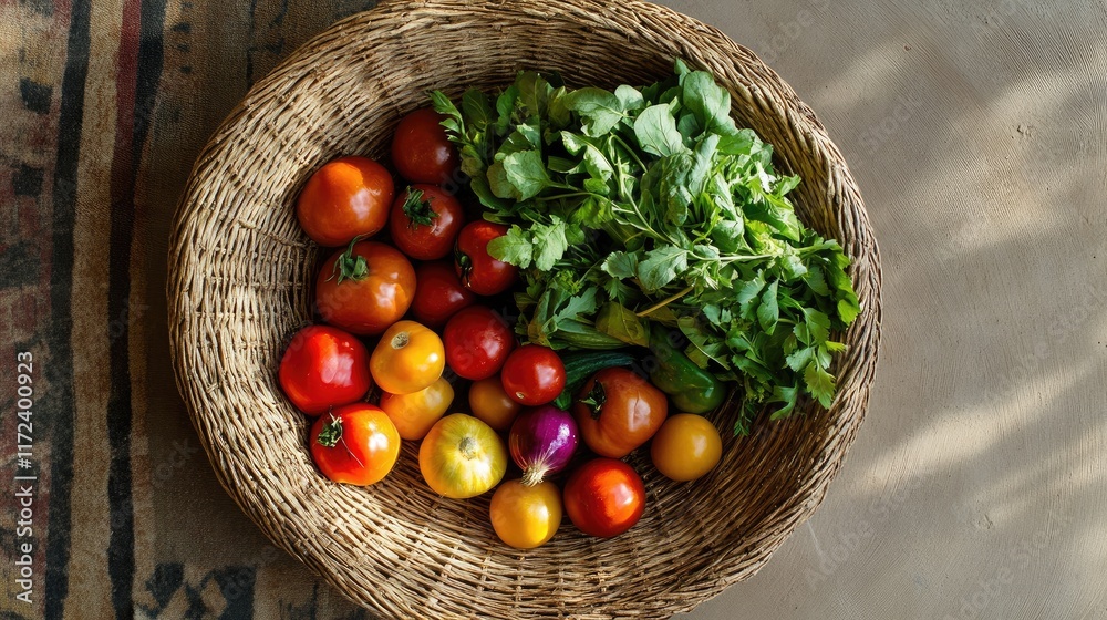 Poster overhead view of a rustic basket filled with an assortment of freshly harvested colorful vegetables 