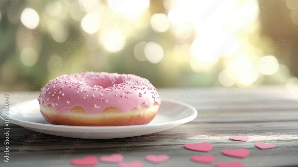 Poster pink frosted donut on a white plate with scattered hearts on a rustic wooden table creating a romant