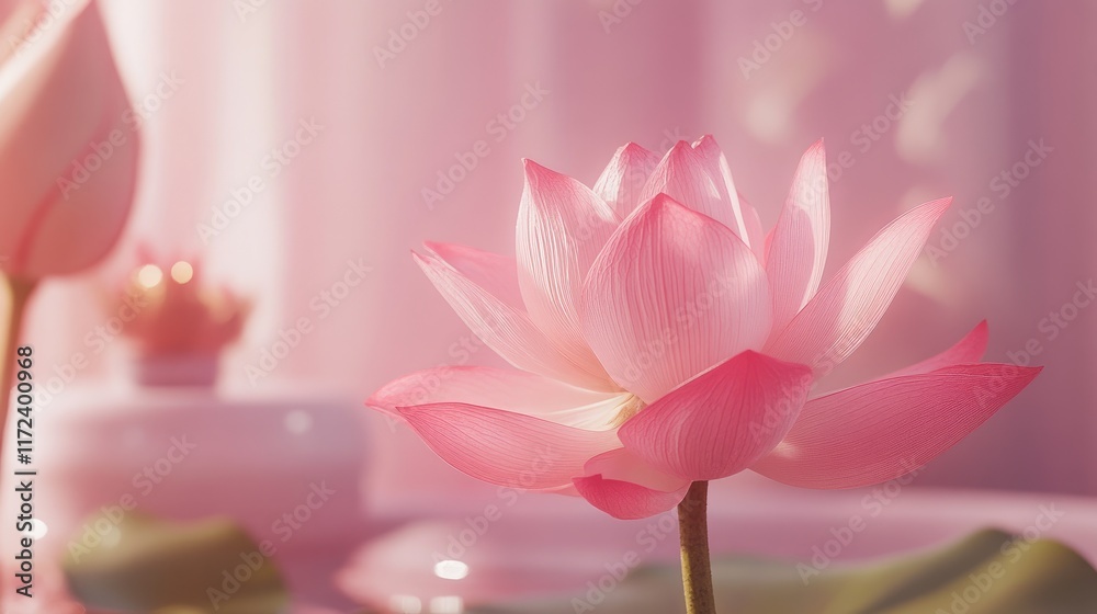 Poster delicate pink lotus flower in a serene setting with soft lighting and pastel colors for a tranquil a