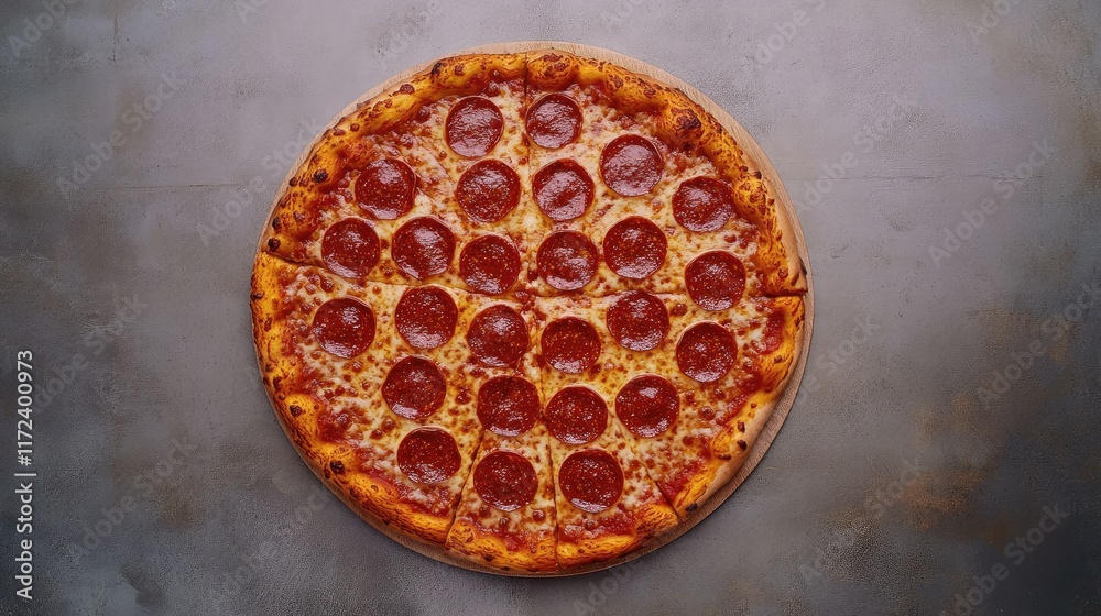 Poster overhead view of a delicious pepperoni pizza on a rustic surface showcasing its crispy crust and mel