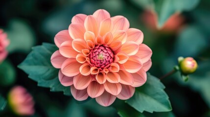 Soft focus on a beautiful pink dahlia flower with a blurred green background highlighting its intricate petals and vibrant colors.