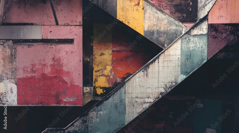 Fototapete Abstract staircase patterns with textured colorful walls in urban setting showcasing layered architectural design and aesthetic decay.