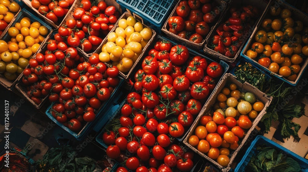 Poster overhead view of assorted ripe tomatoes in baskets showcasing vibrant colors and textures at a local