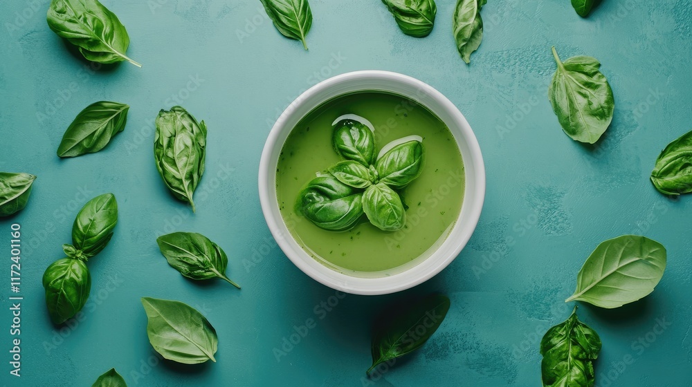 Poster minimalist overhead view of green basil soup in a bowl surrounded by fresh basil leaves on a teal su