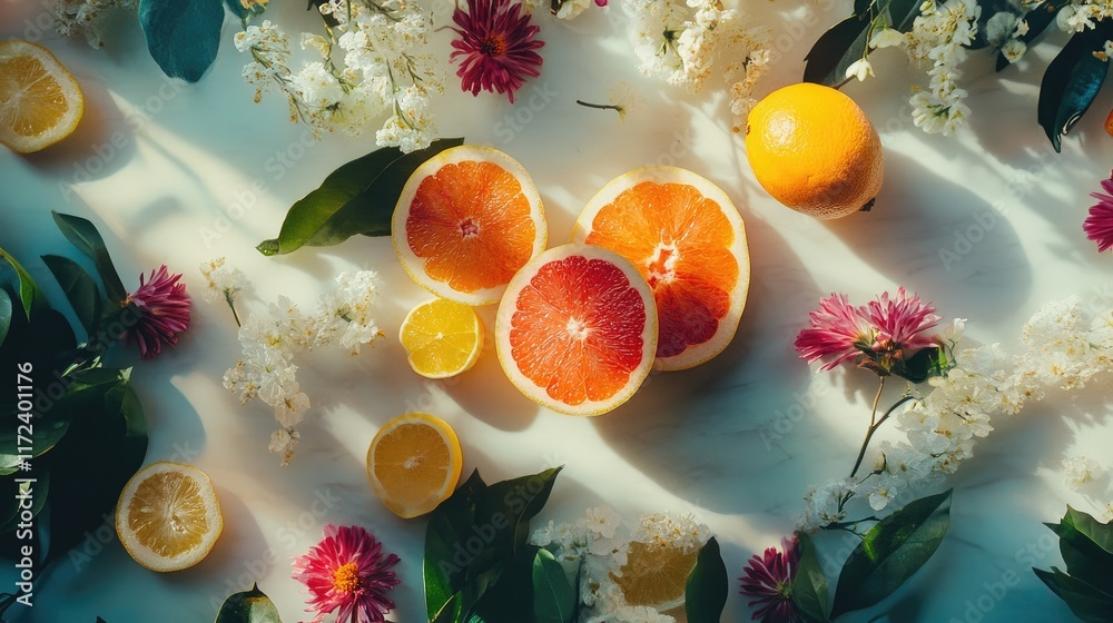 Poster overhead view of vibrant sliced citrus fruits surrounded by colorful flowers on a bright countertop 