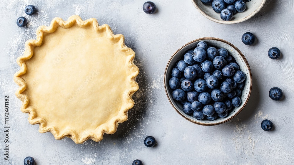 Poster blueberry pie preparation with an overhead view of raw pie crust and fresh blueberries on a gray tex