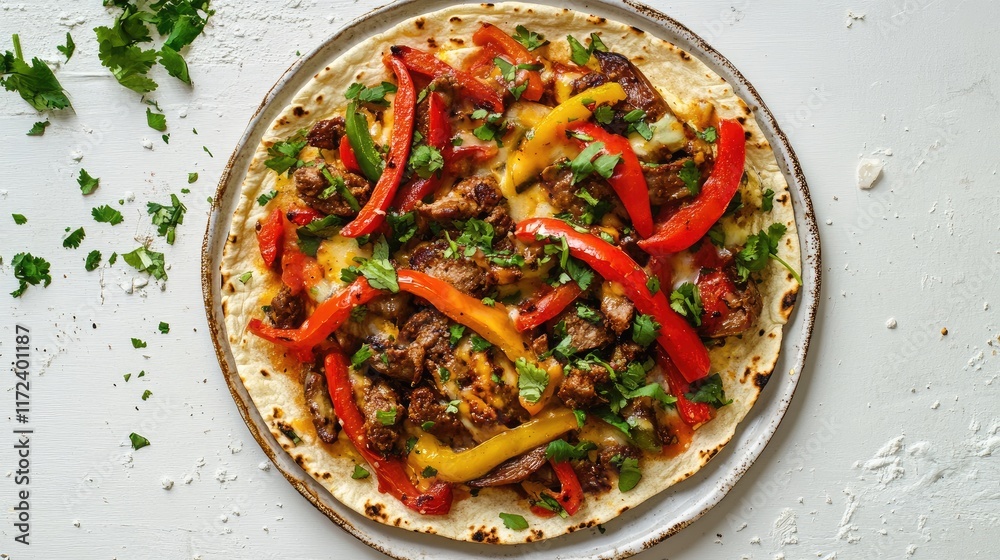 Poster overhead view of fajita tostada with gluten free tortillas garnished with peppers and cilantro on a 