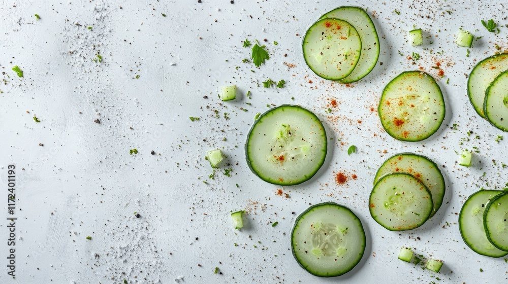 Poster Top view of fresh cucumber slices garnished with spices and herbs on a light background showcasing healthy meal preparation concept.