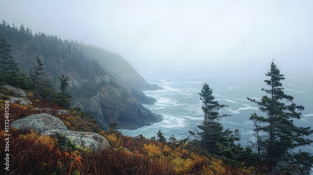 Poster foggy coastal landscape with rocky cliffs and evergreen trees surrounded by tranquil waters and autu