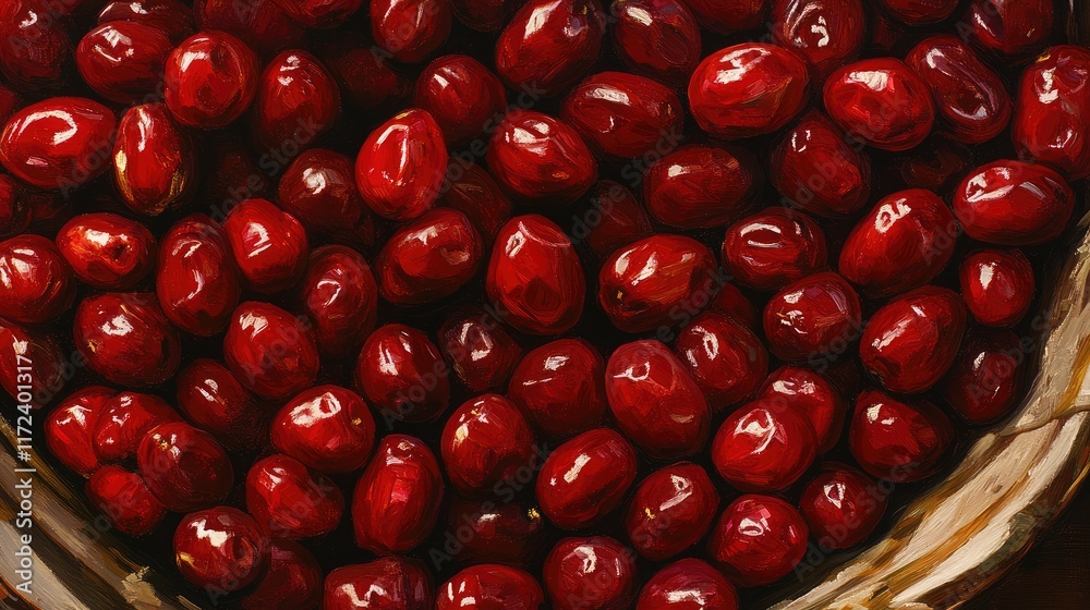 Poster vibrant close-up of freshly harvested red dates arranged in a rustic bowl showcasing their glossy te