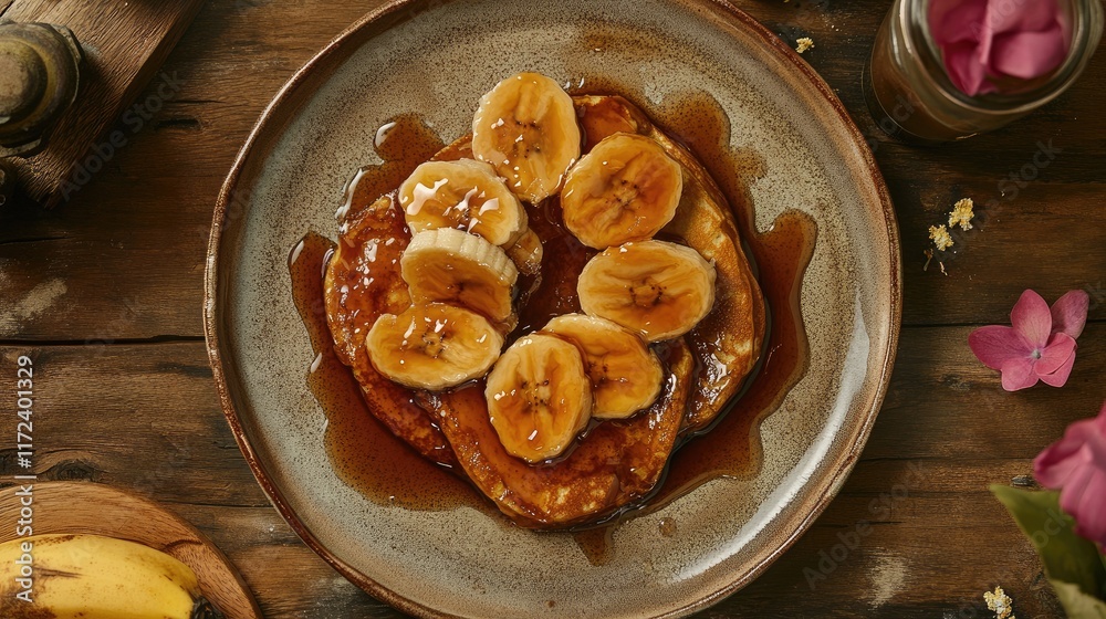 Poster overhead view of delicious crepes topped with caramelized bananas and syrup served on a rustic woode