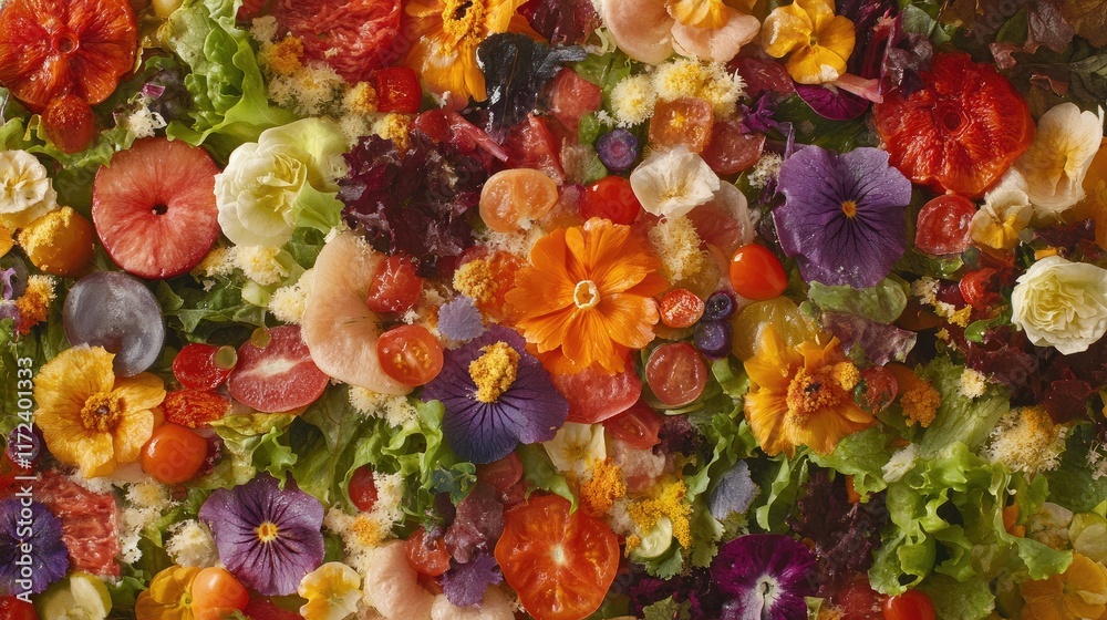 Aufkleber vibrant overhead view of a fresh colorful salad adorned with various edible flowers and vegetables