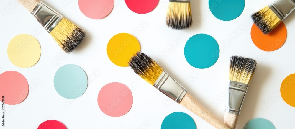 Aufkleber paint brushes on vibrant paper circles creating a creative backdrop for home renovation and diy proj