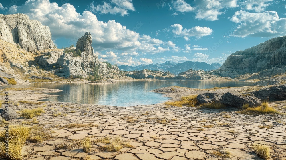 Poster dry landscape with a fragmented lake surrounded by rocky formations and sparse vegetation under a br