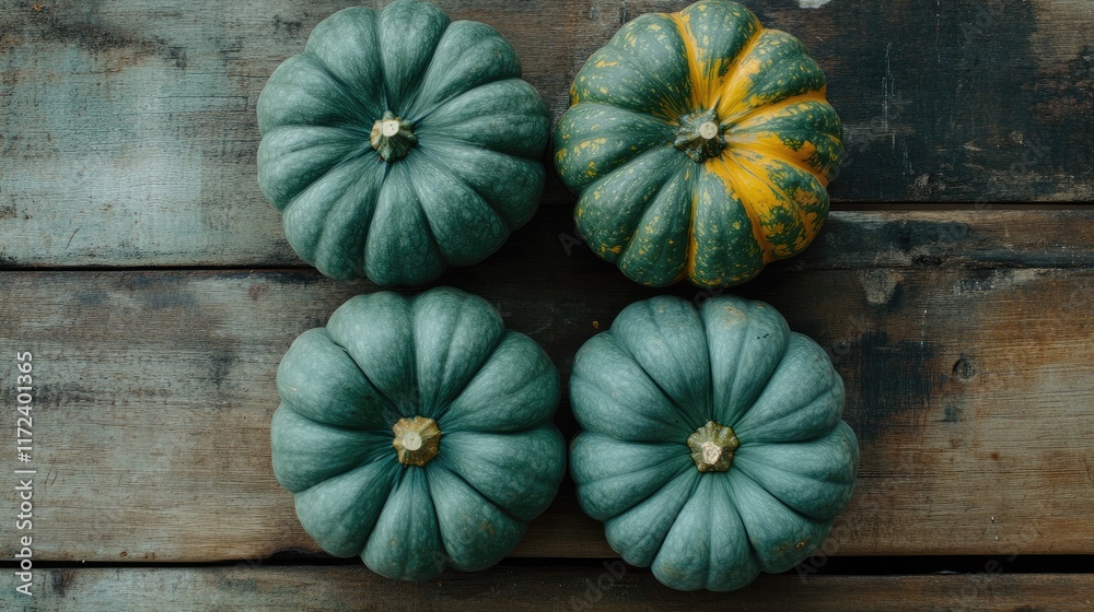 Poster overhead view of assorted pumpkins arranged on rustic wooden table background showcasing autumn harv