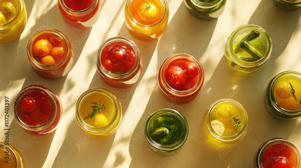 Poster overhead view of colorful pickled vegetables in jars on a bright surface highlighting vibrant colors