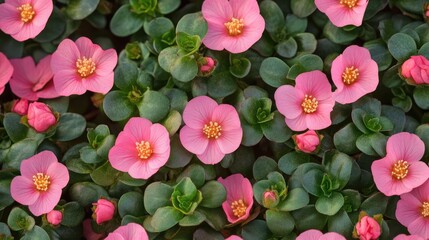 Pink Common Purslane flowers blooming in a lush garden setting providing a vibrant and nature-inspired background ideal for floral designs.