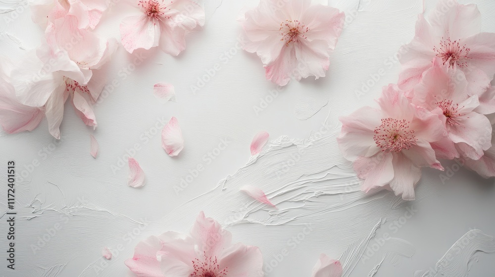 Poster soft pink cosmos flowers scattered over a textured white background creating a delicate and serene f