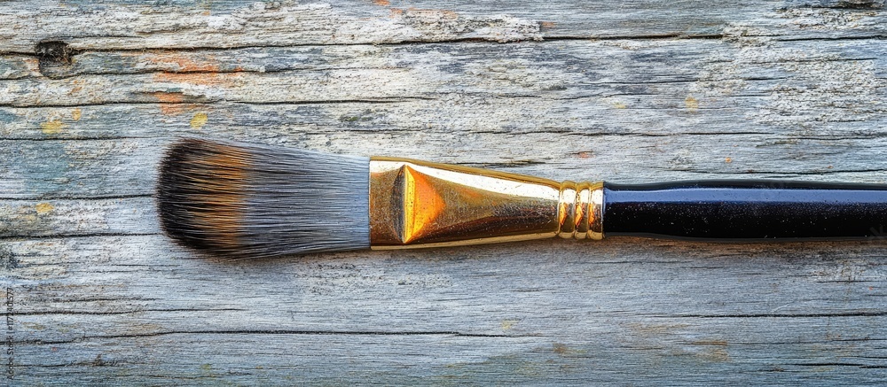 Poster artistic paint brush placed on a rustic textured wooden background perfect for creative projects and