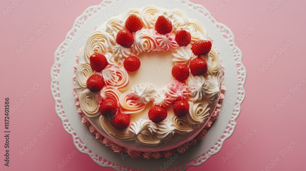 Poster overhead view of a decorative cake adorned with whipped cream and fresh strawberries on a pastel pin