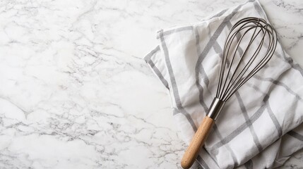Overhead view of kitchen whisk resting on a gray and white checkered napkin on a marble countertop