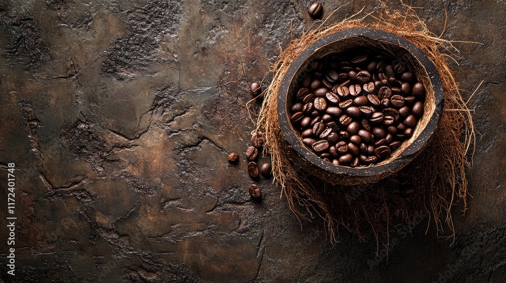 Aufkleber Overhead view of roasted coffee beans in a coconut shell on a textured rustic background capturing the essence of still life photography