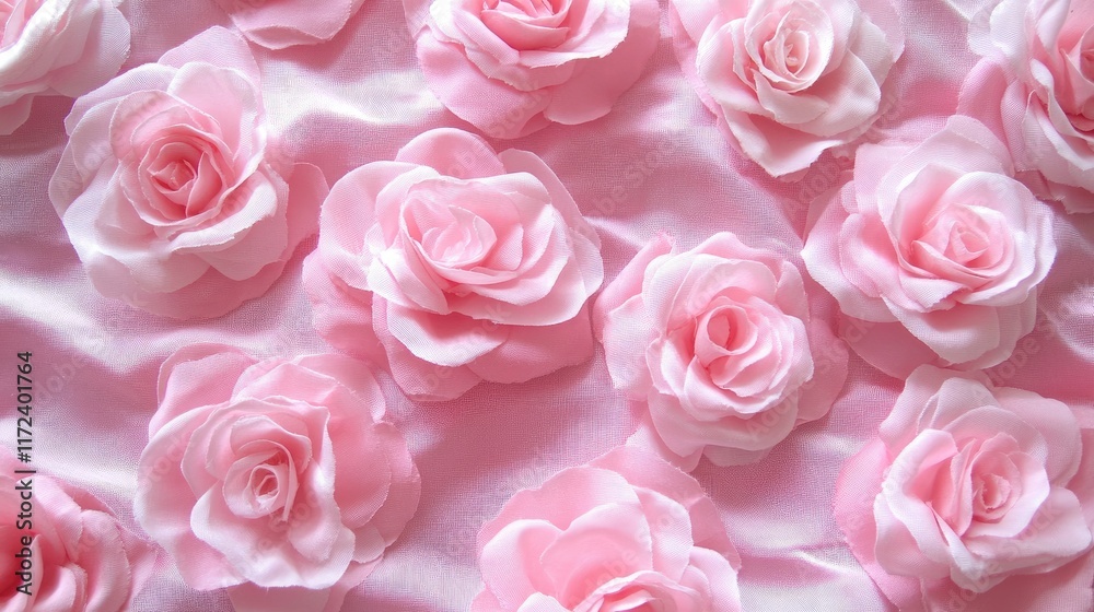 Poster delicate pink fabric roses arranged beautifully on a soft cloth background creating an elegant and r