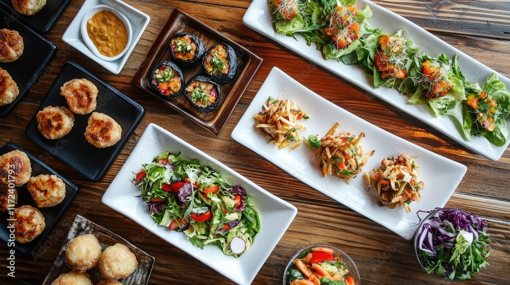 Aufkleber overhead view of colorful salads and appetizers beautifully arranged on a wooden table for a vibrant