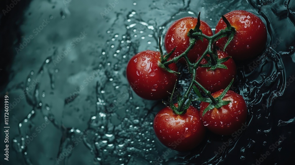 Poster overhead view of fresh ripe red tomatoes with water droplets highlighting their freshness and vibran