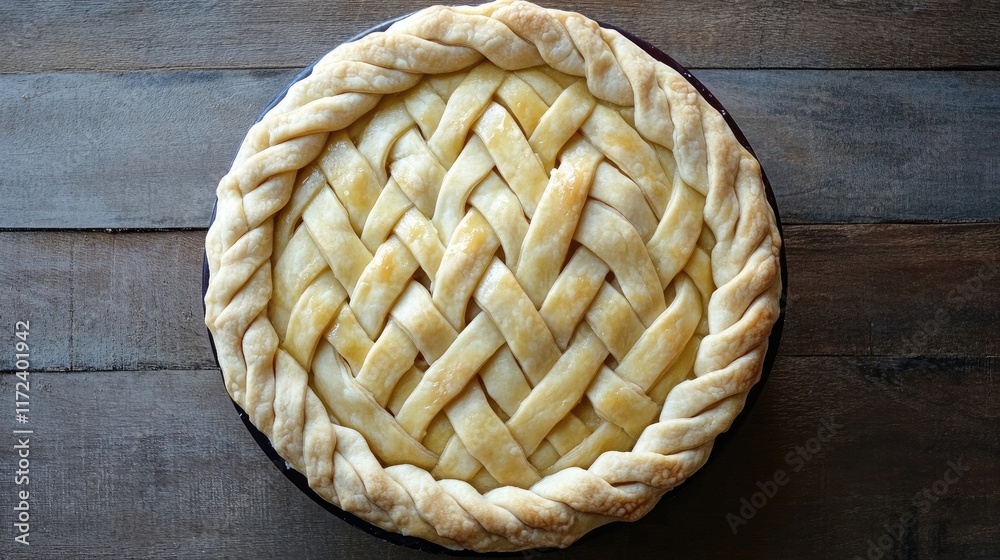 Poster Overhead view of a beautifully braided pie crust resting on a rustic wooden table background showcasing its intricate design